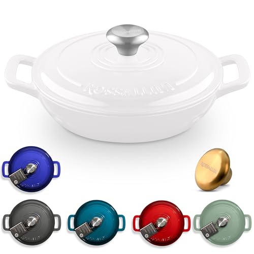 ROSSALLINI Signature Enameled Cast Iron Braiser, Non-Stick Serving Pot with Tight Fitting Lid for Perfect Roasting, Baking, Sauteing, Searing, and Pan Frying | 2.25Q (2.1L) - White
