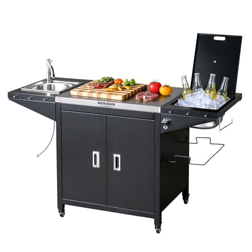ROVSUN Outdoor Grill Cart with Sink, 304 Stainless Steel Sink with Cold Drink Refrigerated Area, Rolling Kitchen Prep Island with Cabinet, Bottle Opener, Rubbish Rack, for Patio, Gardens, Backyards