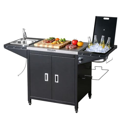 ROVSUN Outdoor Grill Cart with Sink, 304 Stainless Steel Sink with Cold Drink Refrigerated Area, Rolling Kitchen Prep Island with Cabinet, Bottle Opener, Rubbish Rack, for Patio, Gardens, Backyards