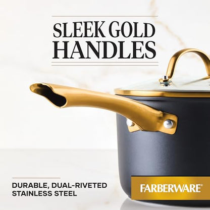 Farberware Forged Induction Ceramic Cookware Nonstick Saucepan with Lid, Dishwasher Safe, Suitable for All Stovetops, 3 Quart Sauce Pan - Black and Gold