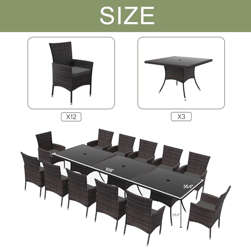 Kurapika 15-Piece Patio Furniture Outdoor Dining Set, Wicker Rattan Patio Dining Table and Chairs Set, Square Tempered Glass Tabletop with Umbrella Hole and 12 Chair Set, Grey