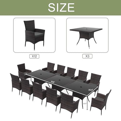 Kurapika 15-Piece Patio Furniture Outdoor Dining Set, Wicker Rattan Patio Dining Table and Chairs Set, Square Tempered Glass Tabletop with Umbrella Hole and 12 Chair Set, Grey