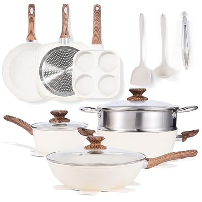 Sweetcrispy 17 Pcs Nonstick Pots and Pans, Non-toxic Kitchen Cooking Set, Induction Cookware Sets with Stay-Cool Handles, Beige