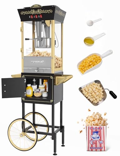 PopBria Popcorn Machine with Cart, 12oz Retro Popcorn Maker with Warming Deck, Movie Theater Style Popcorn Machine for Home Theater, Parties and Large Batches, Black and Gold