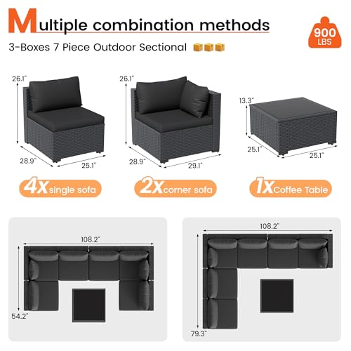 VONZOY Patio Furniture Set, 7-Piece Outdoor Wicker Sectional Sofa, Black