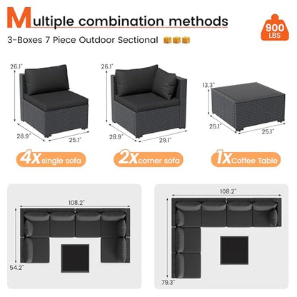 VONZOY Patio Furniture Set, 7-Piece Outdoor Wicker Sectional Sofa, Black