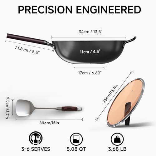 SUMEIGUAN 13.5" Carbon Steel Wok Pan - Pre-Seasoned Flat Bottom Woks & Stir-fry Pans Chinese Cookware with Lid & Spatula - For Pan-fry,Stir Fry, Steam, BBQ & Camping - Compatible with Induction, Gas