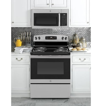 GE 30" Over-the-Range Microwave, 1.6 Cu. Ft., 1000 Watts, 300 CFM Hood Vent, LED Lighting, Auto Defrost, Easy Mount Install, Stainless Steel, JVM3160RFSS