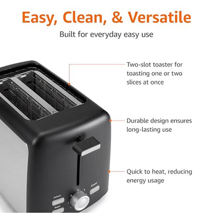 Amazon Basics 2 Slice Toaster, Extra Wide Slots for Bagels and Specialty Breads, 7 Browning Levels, Removable Crumb Tray, Defrost/Cancel/Bagel Buttons, 800W, Black & Silver