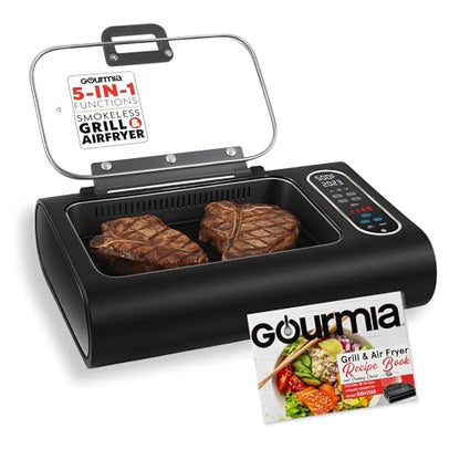 Gourmia Smokeless Indoor Grill - Air Fryer Combo with Smoke Extractor, 5 Cooking Presets, Grill, Air Fry, Roast, Bake, Dehydrate, Countertop Cooker, Glass Lid