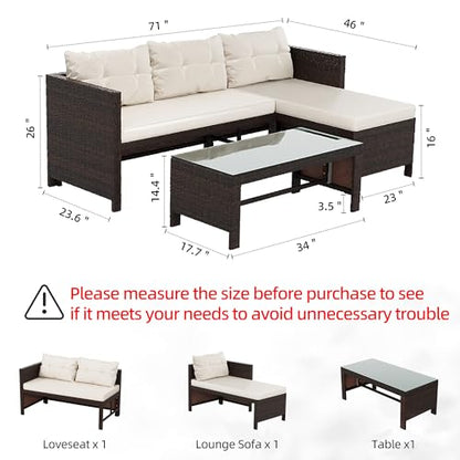 Shintenchi 3-Piece Outdoor Patio Furniture Sets, Wicker Patio Conversation Sets, All Weather Wicker Rattan Patio Seating Sofas with Glass Coffee Table and Cushion, Beige