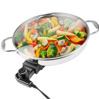 CucinaPro Electric Skillet, 18/10 Stainless Steel Pan, Tempered Glass Lid