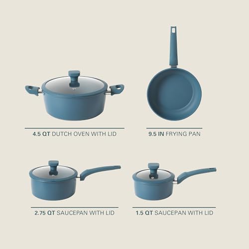 Gibson Home Helensburgh 7-Piece PFA-Free Ceramic Nonstick Carbon Steel Cookware Set – Blue Pots and Pans with Glass Lids, Saucepan, Dutch Oven, Fry Pan