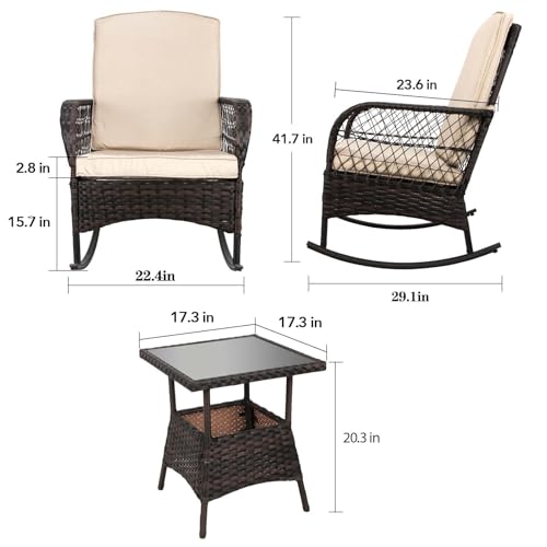 LEVELEVE 3 pcs Rocking Bistro Set Conversation Chairs PE Wicker Outdoor Rocking Chairs & Glass Table,for Porch Lawn Garden Backyard Deck(Rocking Set,Khaki)