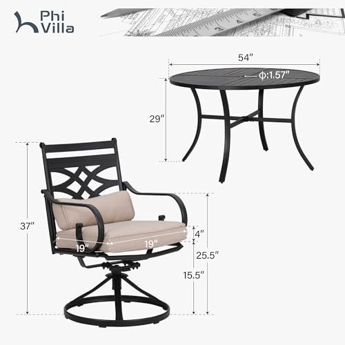 PHI VILLA 7 Pieces Outdoor Dining Set for 6, 54" Round Black Metal Table & Wrought Iron Swivel Chairs, Rustproof Large Outside Furniture with Cushions & Pillows for Patio, Deck, Porch
