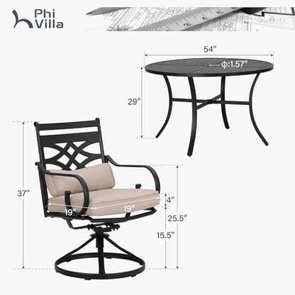 PHI VILLA 7 Pieces Outdoor Dining Set for 6, 54" Round Black Metal Table & Wrought Iron Swivel Chairs, Rustproof Large Outside Furniture with Cushions & Pillows for Patio, Deck, Porch