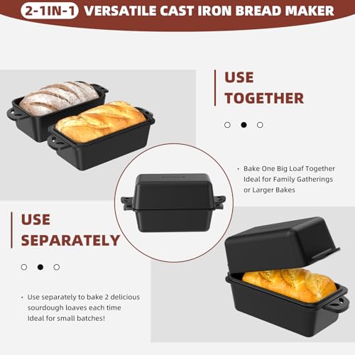 EAOENLS 9×5 Inch Cast Iron Loaf Pan with Lid, 2-in-1 Bread Baking Pans for Homemade Bread, Pre-Seasoned | Even Heat Distribution, 2 Piece Set