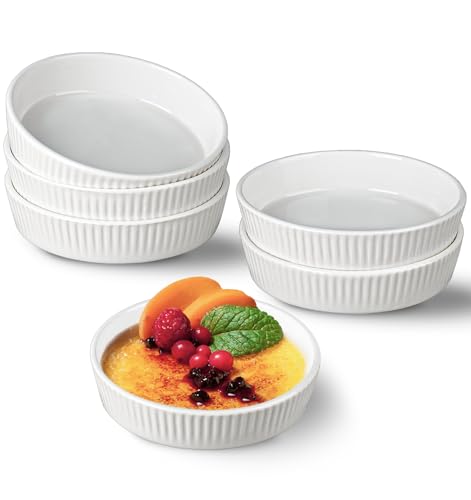 KOBIKOBI Ramekins 8 oz Oven Safe Set of 6 - Ceramic Creme Brulee Dishes, Souffle Cups, Individual Quiche Baking Dish, Food-Safe White Pudding Bowls for Kitchen, Stackable and Dishwasher Safe