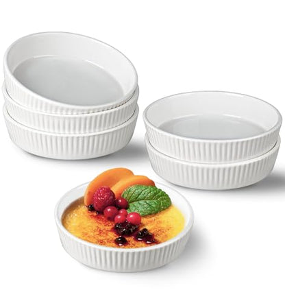 KOBIKOBI Ramekins 8 oz Oven Safe Set of 6 - Ceramic Creme Brulee Dishes, Souffle Cups, Individual Quiche Baking Dish, Food-Safe White Pudding Bowls for Kitchen, Stackable and Dishwasher Safe