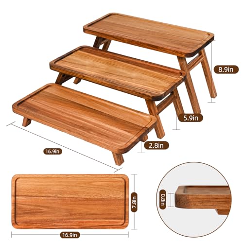 GEHE 3 Tier Serving Tray Acacia Wooden Tiered Tray Stand Foldable Dessert Table Display Set Decor Charcuterie Boards for Party, Birthday, Wedding, Christmas
