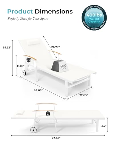 Ciokea Outdoor Lounge Chair with Pillow, 5-Position Aluminum Chaise Lounge with Wheels & Armrests, 400 lbs Heavy Duty Patio Pool Chair for Deck, Backyard, Beach & Poolside, White