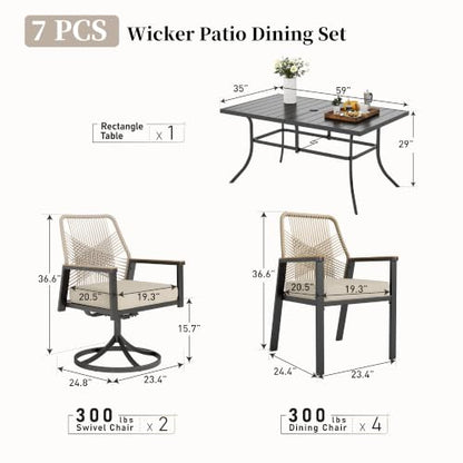 SUNSHINE VALLEY 7pc Patio Dining Set, 59" Metal Table & 6 Rattan Chairs