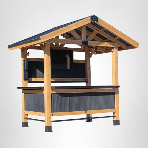 Backyard Discovery Palisade 9' x 6' Cedar Wood Outdoor Bar Set with Galvanized Steel Roof, Bar Top, Shelving, Snow Load Support, Wind Resistance, PowerPort for Patio, Deck, Entertaining