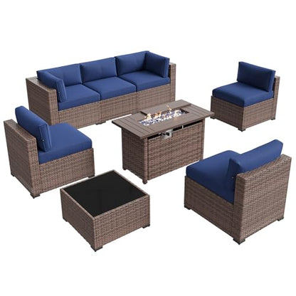 Aoxun Patio Furniture Sets, 8-Piece Outdoor Patio Furniture with 44'' Propane Gas Firepit Table, Wicker Outdoor Conversation Set Sectional Sofa for Backyard, Poolside, Garden