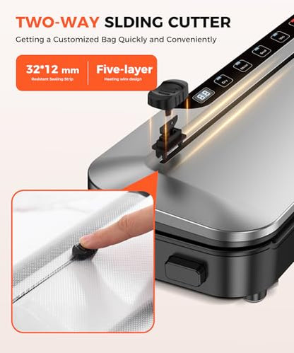Vacuum Sealer Machine 75KPa Food with 6-in-1 Dry/Moist Modes & Digital Timer, Compact Lightweight Design, Built-in Cutter + 10 Bags (Black Silver)