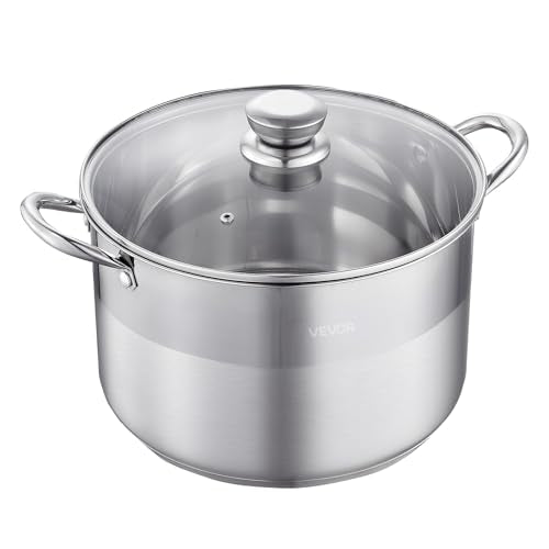 VEVOR Stainless Steel Stock Pot, 12QT Stainless Steel Stockpot with Glass Lid, PFOA-Free, PFAS-Free, Compatible with Gas Stoves, Induction Cooktops, Electric Stoves, for Soups, Stews, and Pasta