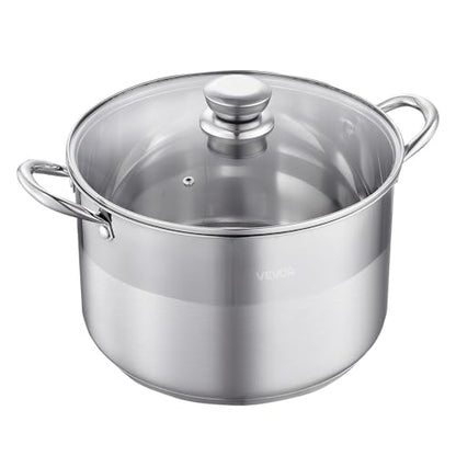 VEVOR Stainless Steel Stock Pot, 12QT Stainless Steel Stockpot with Glass Lid, PFOA-Free, PFAS-Free, Compatible with Gas Stoves, Induction Cooktops, Electric Stoves, for Soups, Stews, and Pasta