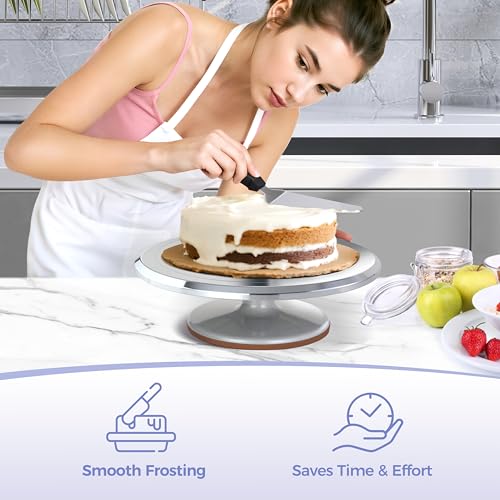 Cake Turntable, Ohuhu Aluminium 12'' Cake Decorating Kit Supplies Rotating Stand Revolving Spinner with 2 Icing Spatula 3 Comb Smoother