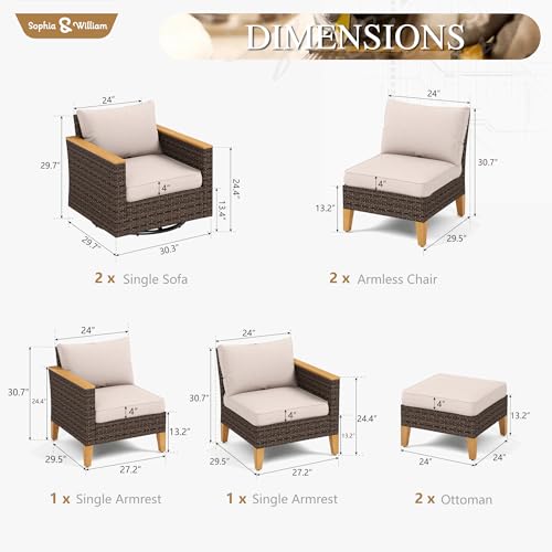 Sophia & William 10-Piece Wicker Patio Furniture Set, Swivel Chair, Beige