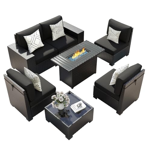 VONZOY 7 Piece Patio Furniture Set with Fire Pit Table, Outdoor Sectional Conversation Sets Black Wicker Rattan Sofa with Coffee Table for Patio Garden Backyard, 4'' Thickened Cushion Black