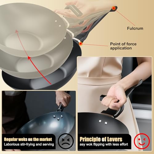 KALAWW Carbon Steel Wok Pan, Non-stick sauté pan Nitriding Process,13 Inch Woks & Stir-fry Pans Nonstick with Ergonomic Handle, Cookware, Pots and Pans,Versatile Bottom Chinese Woks for All Stoves