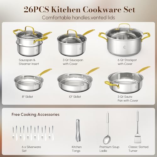 Stainless Steel Cookware Set, Tri-Ply Pots and Pans Set, 26 Piece Kitchen Cooking Utensils Set with Lids, Gold Grip Handles, Induction, Oven, Non-Toxic, Dishwasher Safe, Professional Chef Quality
