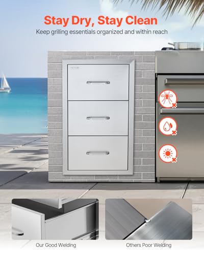 VEVOR Outdoor Kitchen Drawers 17W x 30H x 21D Inch, Outdoor Kitchen Cabinets, Stainless Steel Double Access Drawers, with Paper Towel Holder, Combo for BBQ Island Drawers or Grill Station