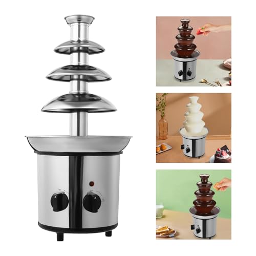 4 Tier Electric Chocolate Fondue Fountain Machine for Parties - 430 Stainless Steel Melts Cheese, Queso, Candy- Dip Strawberries, Apple and More - 60-Ounce/1.8L - 40℃/104℉ Heating Temperature