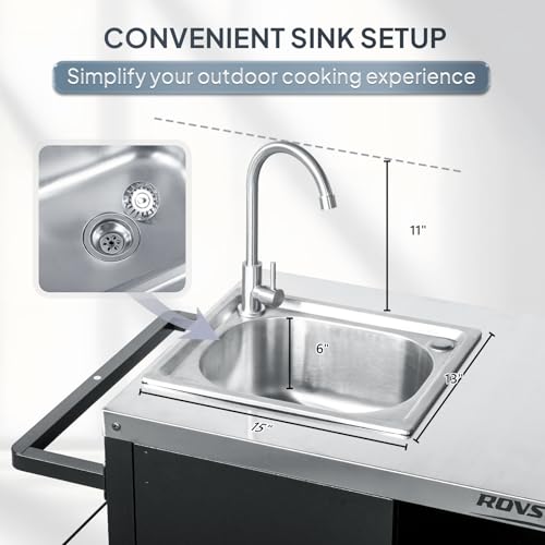 ROVSUN Outdoor Grill Cart with Sink, 304 Stainless Steel Sink with Gas Storage Area, Rolling Kitchen Prep Table with Cabinet, Paper Rack, Rubbish Rack, for Backyard Cooking, Gardens, Patio