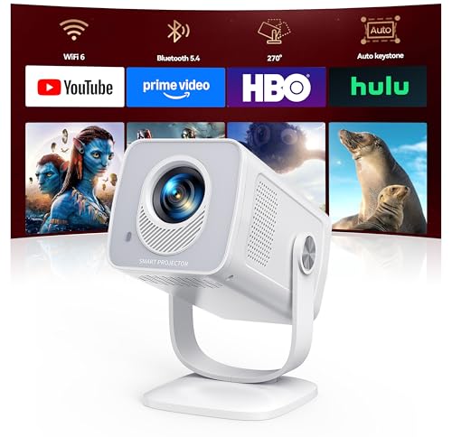 Mini-Projector with WiFi6 and Two-Way Bluetooth5.4, 1080P 4K Support, [Built-in Apps & 2026 Android 14] Portable Outdoor Movie Proyector for Bedroom, Auto Keystone & 270° Rotation for Phone/HDMI/USB
