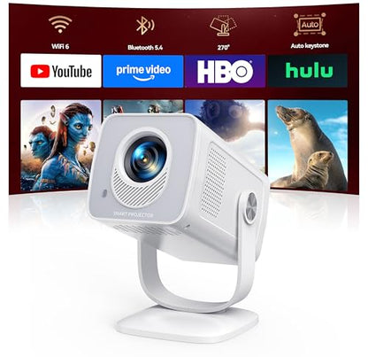 Mini-Projector with WiFi6 and Two-Way Bluetooth5.4, 1080P 4K Support, [Built-in Apps & 2026 Android 14] Portable Outdoor Movie Proyector for Bedroom, Auto Keystone & 270° Rotation for Phone/HDMI/USB