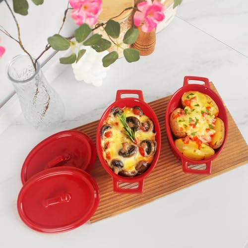 jinsongdafa Ceramic Mini Oval Cocotte Set, 10 Ounces Small Casserole Dishes with Lids and Handles, Individual Baking Ramekins, Oven, Microwave & Dishwasher Safe, Red 7.1 Inch