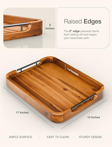 TIDITA Ottoman Tray for Living Room – 17"x13" Rectangle Serving Tray with Handles – Wooden Tray for Coffee Table, Living Room, Breakfast in Bed – Decorative Trays for Ottoman or Couch (Acacia Wood)