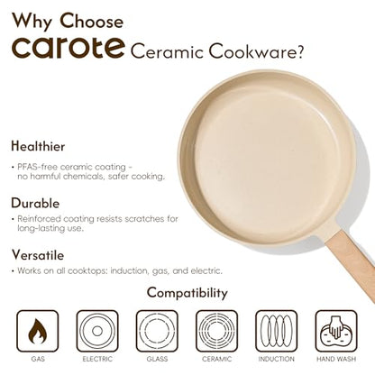 CAROTE 10" Frying Pan Set, Ceramic Frying Pan, Non-Toxic PTFE & PFOA Free Fry Pan & Omelet Pan, Compatible with Induction, Gas Cooktops