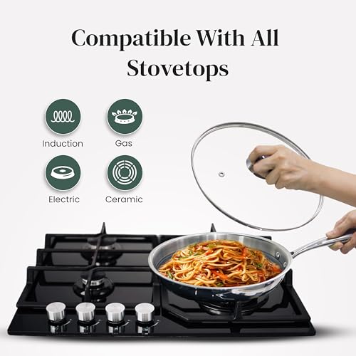 Culinr™ 9” Inch Hexagon Surface Hybrid Stainless Steel Frying Pan with Glass Lid, Oven and Dishwasher Safe, Non-Toxic PFOA Free, Compatible with All Stovetops