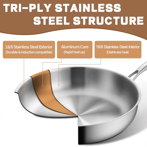 GOLDEN KEY 10 inch Tri-Ply 304 Stainless Steel Pan with Lid, Even Heating Non-toxic Skillet, Oven & Dishwasher Safe, Induction Ready, Ideal for Searing Meat & Fish, Sauteing, Frying (500°F)