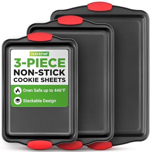 NutriChef 3-Piece Cookie Sheets for Baking, Non-Stick Baking Pans Set with Silicone Handles, Stackable Oven Trays in Small, Medium & Large Sizes for Professional and Everyday Use, 2026 Edition