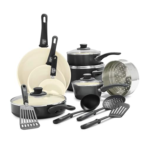 GreenLife 16 Piece Nonstick Cookware Set, Soft Grip Non-Toxic PFAS-Free Ceramic Pots & Pans, Dishwasher & Oven Safe, Frying, Sauce, Utensils, Glass Lids, Stay-Cool Handles, Wobble Free, Black & Cream