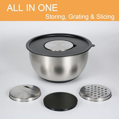 GreatChef Mixing Bowls Stainless Steel Set of 9-1.5, 3.0, 5QT Bowl and Graters, with Airtight Lids, Non-slip Base, Metal Nesting, Storage, Salad, Baking, Elegance in Every Mix & Serving