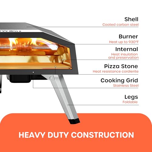 Outdoor Propane Gas Pizza Oven – 12" Camping Pizza Oven with Gas Regulator Cooks Pizza In 80-second, Propane Grill Reaches 930°F, with Pizza Stone/Peel/Cutter/Infrared Thermometer (12 Inches)